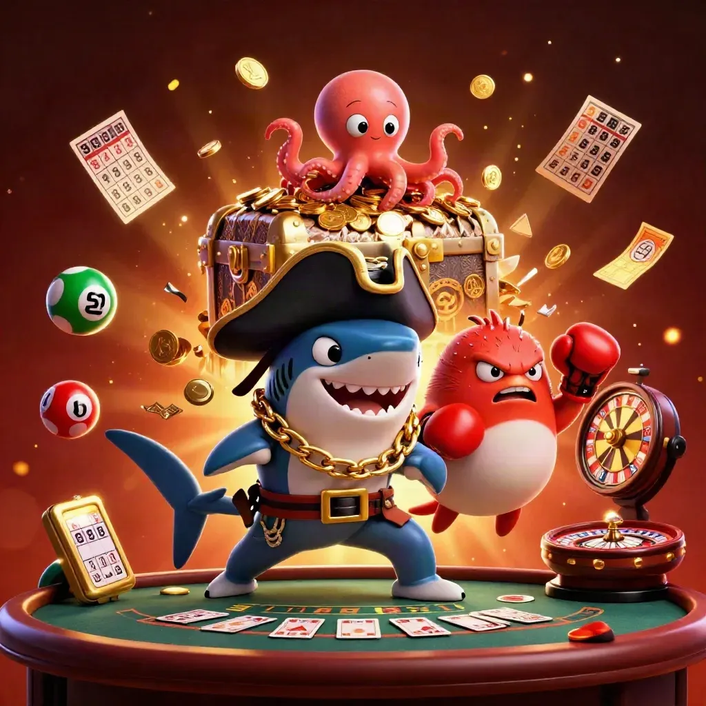 Shark pirate, pufferfish boxer, and octopus juggle coins amid casino bursts and glowing roulette energy