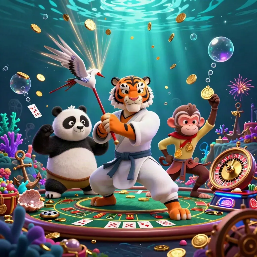 Kung-fu tiger, panda, and monkey in an underwater treasure cove with roulette wheel and gold coins.
