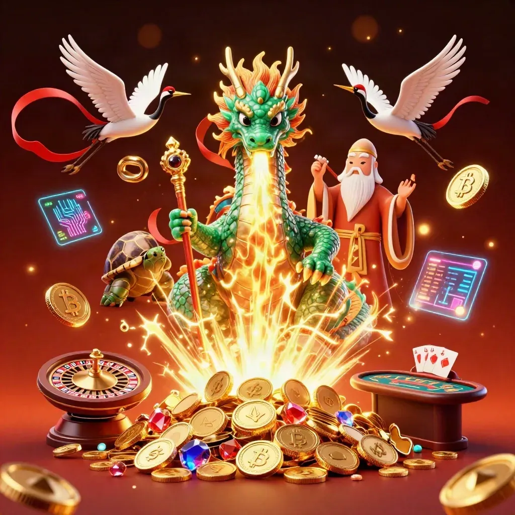 Jade dragon, turtle sage, cranes, coins, roulette wheel, and casino lights explode in gold fire.