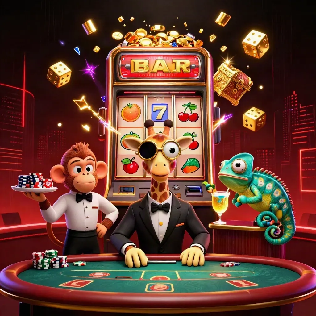 Giraffe high roller, monkey valet, and chameleon bartender with exploding jackpot slot symbols