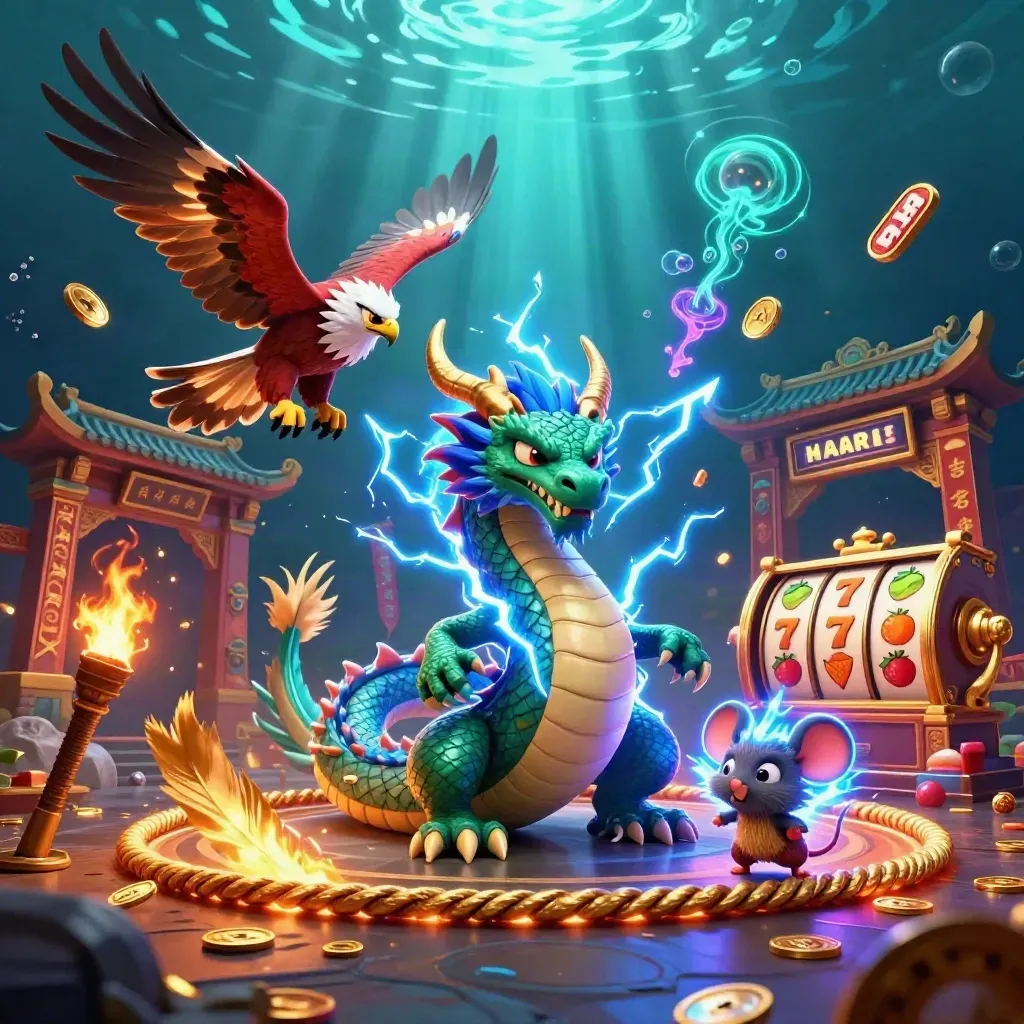 Three glowing fantasy creatures orbit a roulette temple in neon underwater light