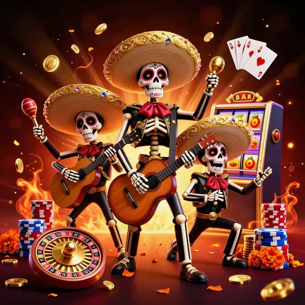 Skeleton mariachi trio amid roulette wheel, coins, chips, and ember glow.