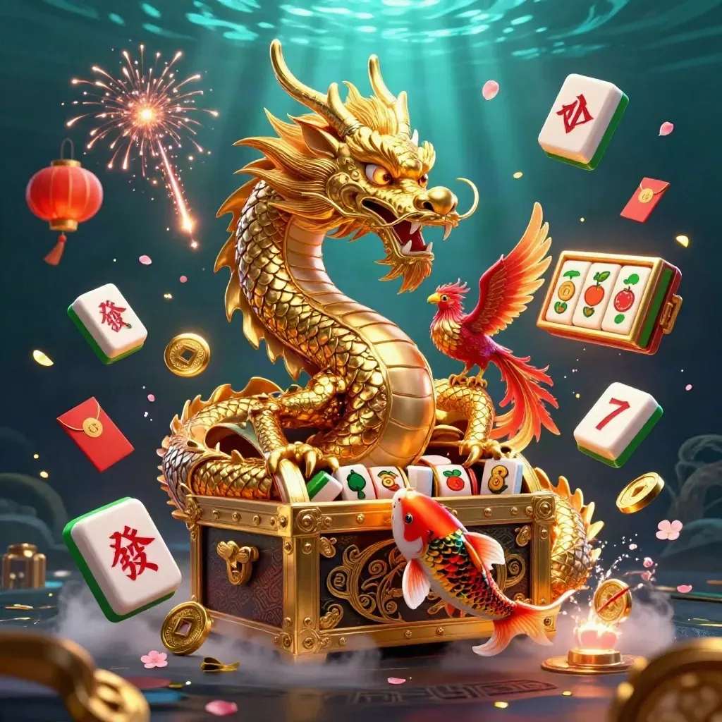 Golden dragon with phoenix and koi amid casino relics, neon-lit on a dark teal background.