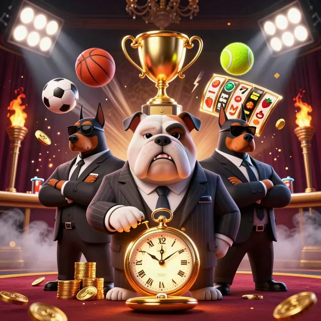 Bulldog mob boss with two Dobermans, flying sports balls, coins, reels, trophy, and casino glow.