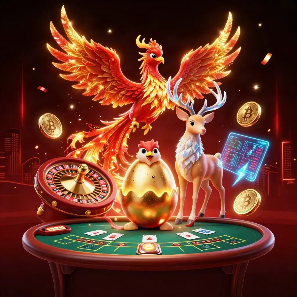 Phoenix, baby phoenix, stag, roulette wheel, and neon casino effects in a dark luxe scene.