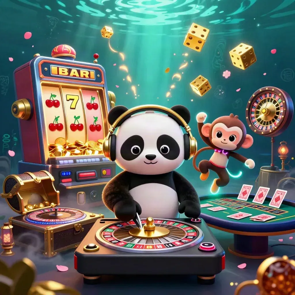 DJ panda, monkey, and kitten amid roulette, gold, and neon casino effects