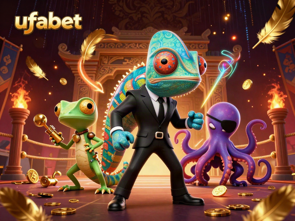 Bet on ufabet with dynamic characters and swirling golden elements in a vibrant casino scene.