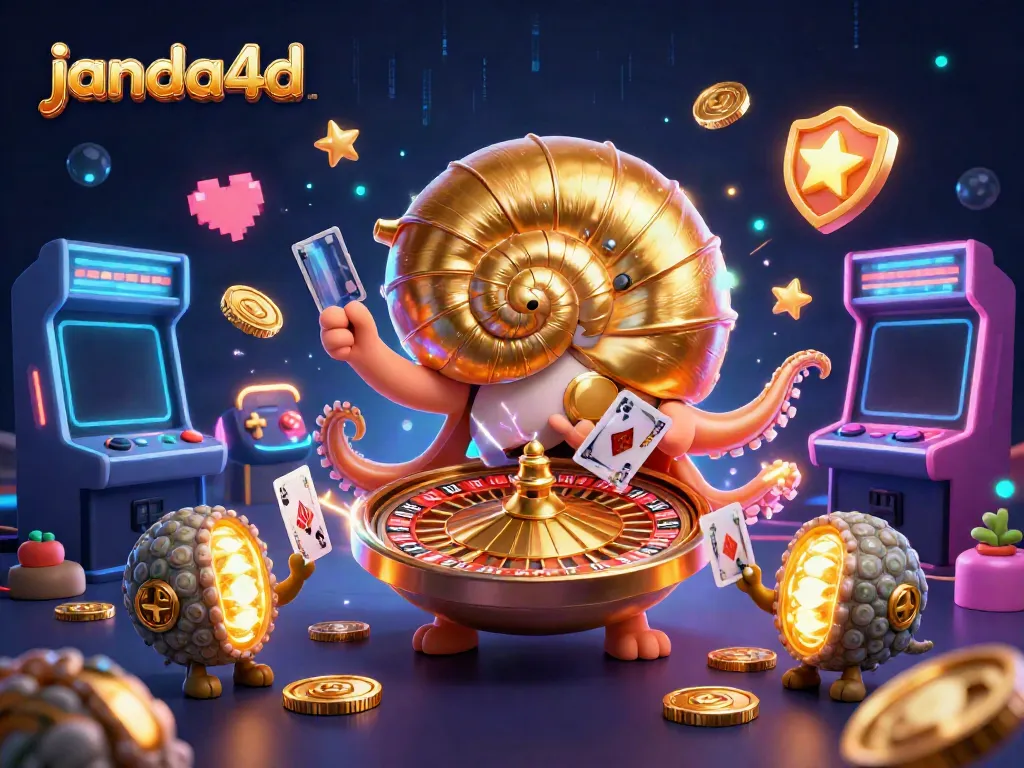 Permainan seru di janda4d dengan nautilus kartun, kartu, dan mesin arcade berkilau.