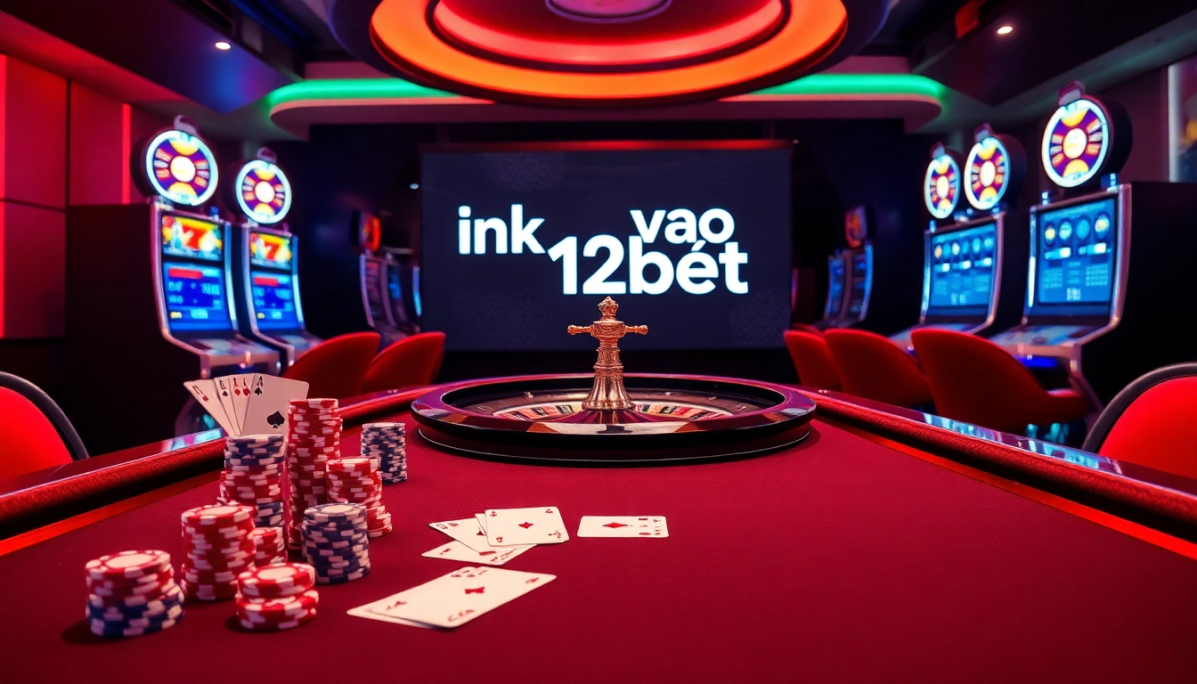 Experience thrilling gambling with online casino visuals featuring ink vao 12bet amidst elegant poker chips and roulette.