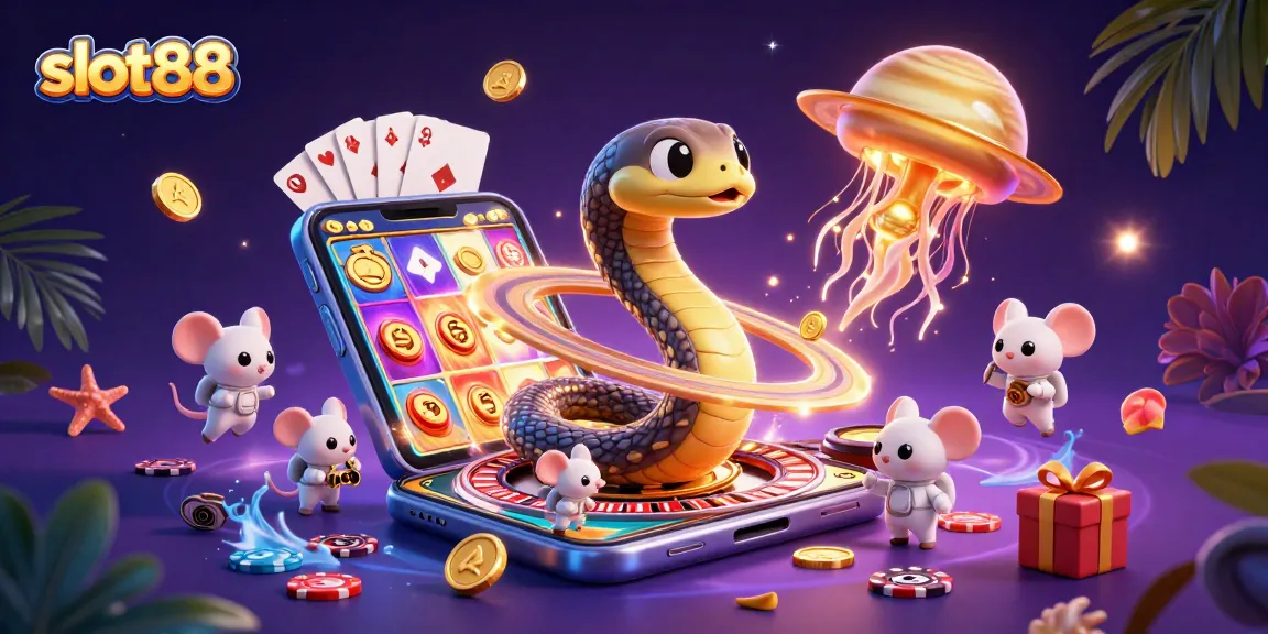 Slot88 menampilkan dealer kosmik sekaligus beruang permainan yang penuh warna dan atmosfer kasino luar angkasa.