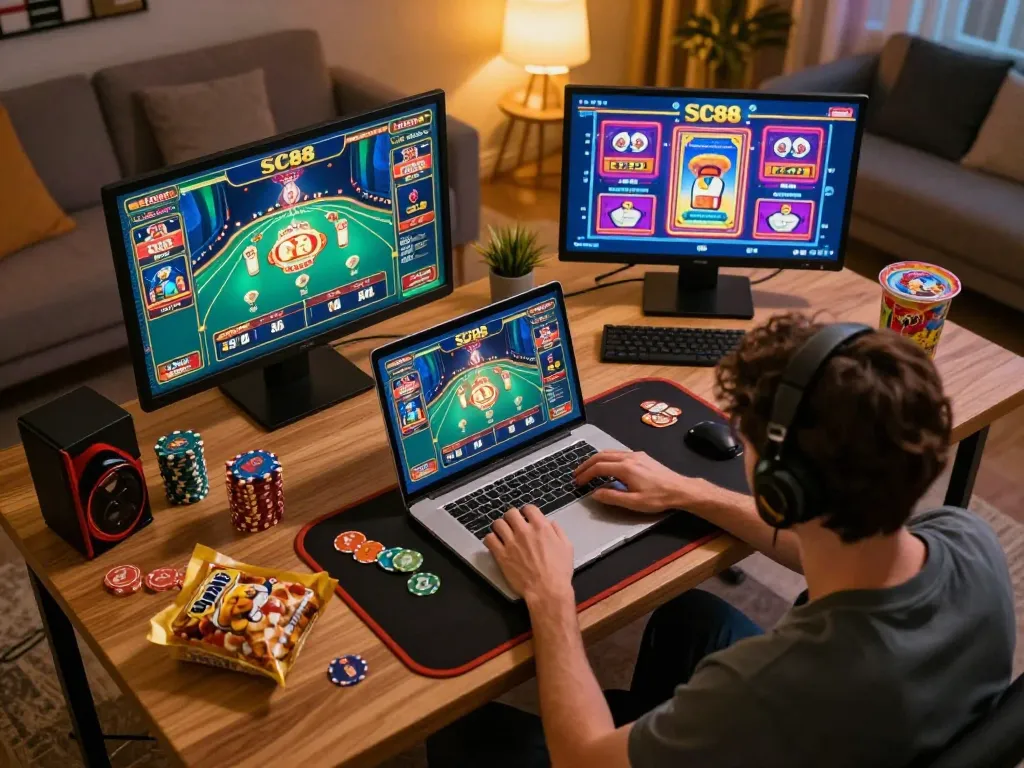Engaging player enjoying SC88 online casino game at home with dynamic visuals.