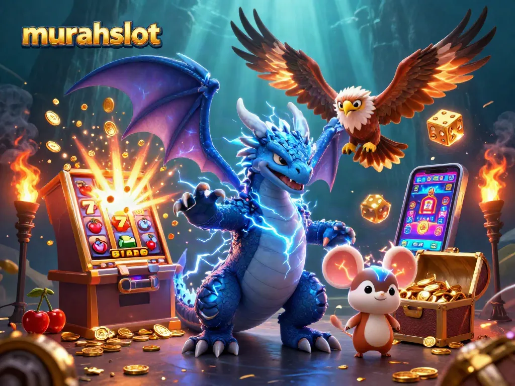 Permainan slot murahslot dengan karakter naga dan burung elang, tumpah ruah koin emas.
