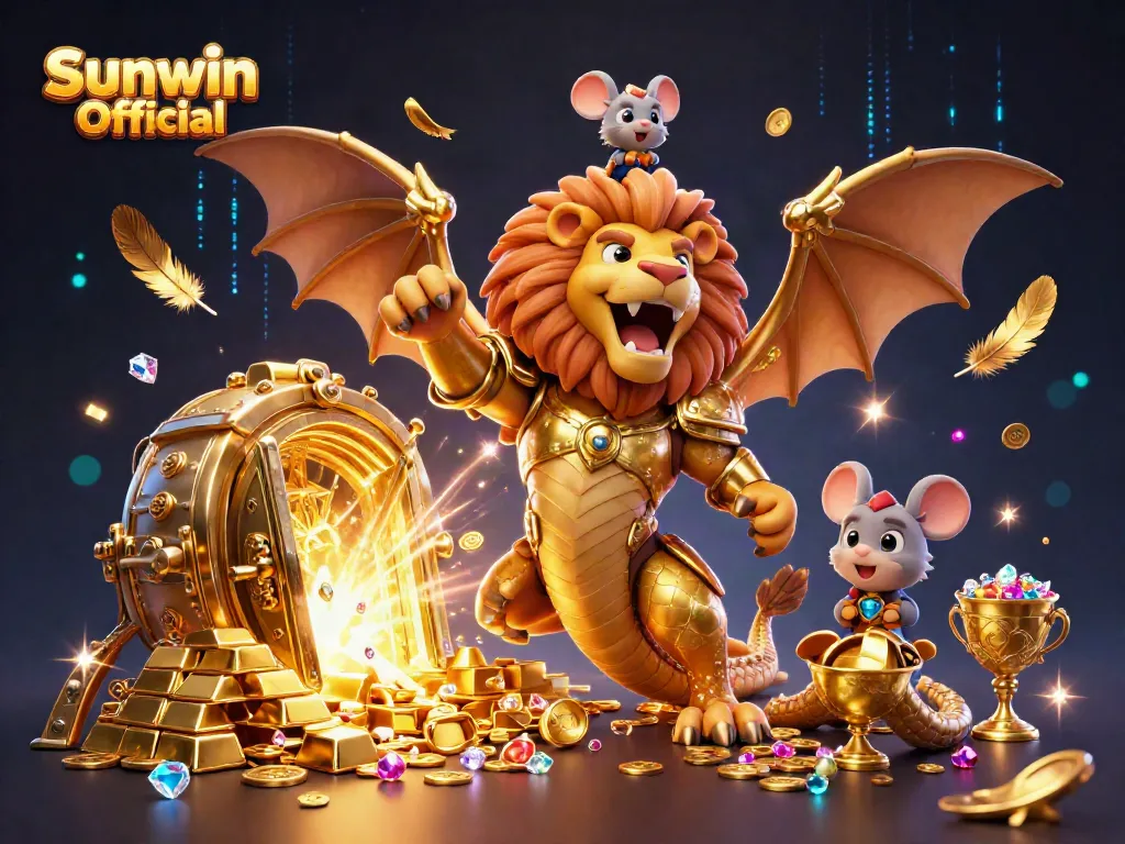 Sunwin Official showcases captivating gambling scene with a golden chimera creature and treasures, enhancing your gaming adventure.