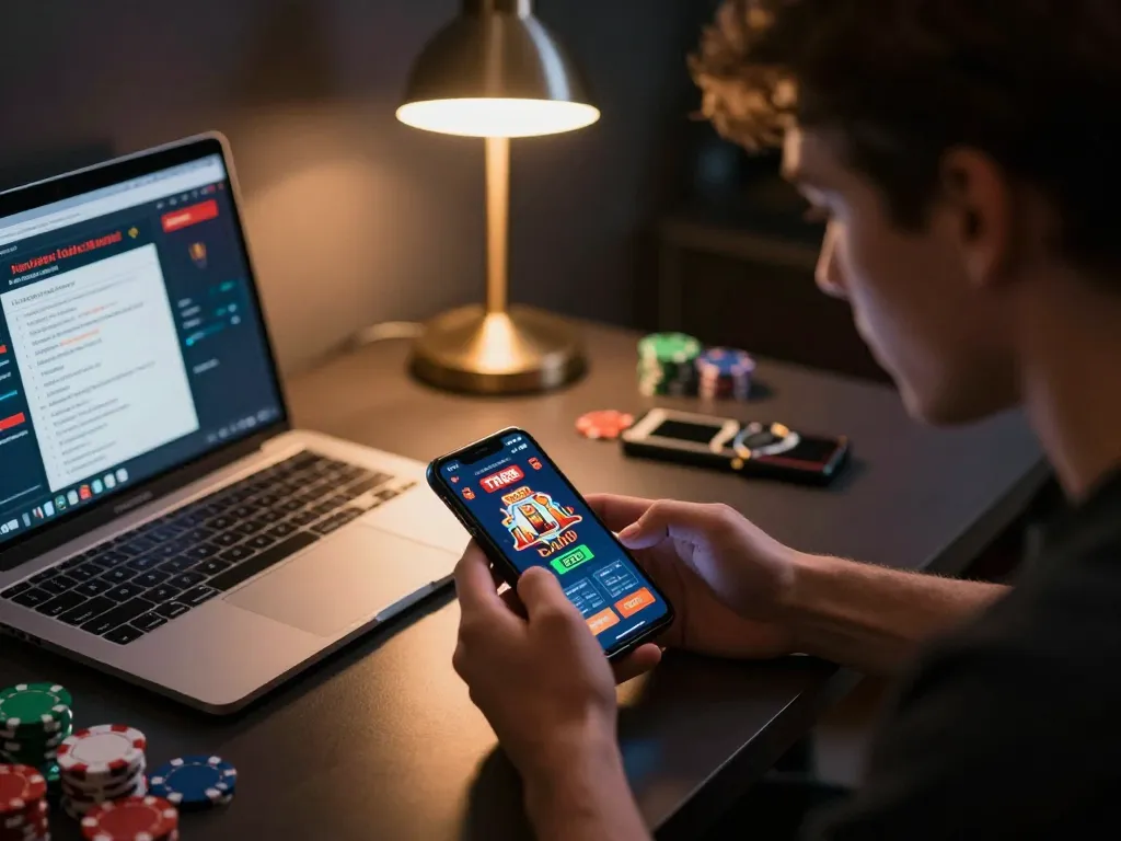 Engaged user explores TR88 casino app on smartphone, showcasing online gaming excitement.