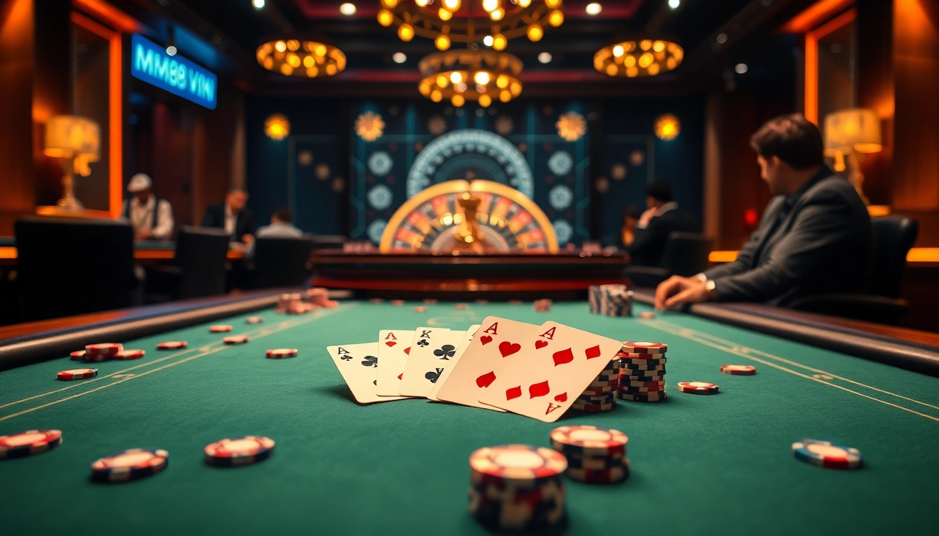 Experience high-stakes poker at mm88 vin with vibrant chips and an inviting casino atmosphere.