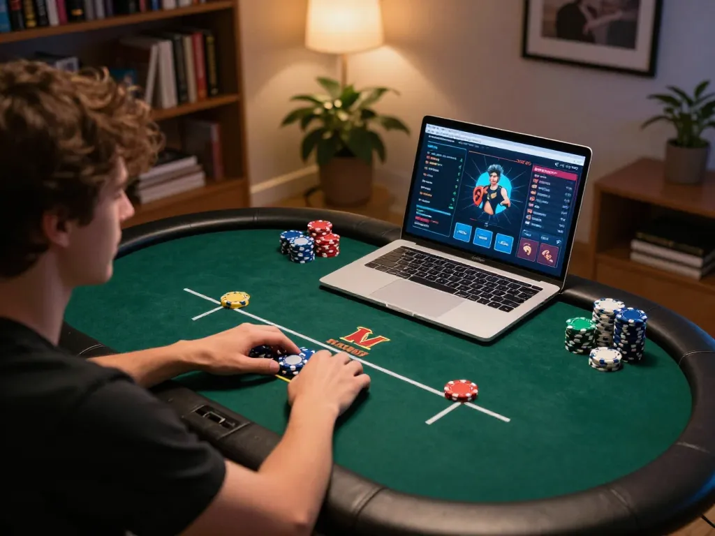 Engaged player on https://tg88.cash/ laptop at home, showcasing online poker gameplay and strategy setup