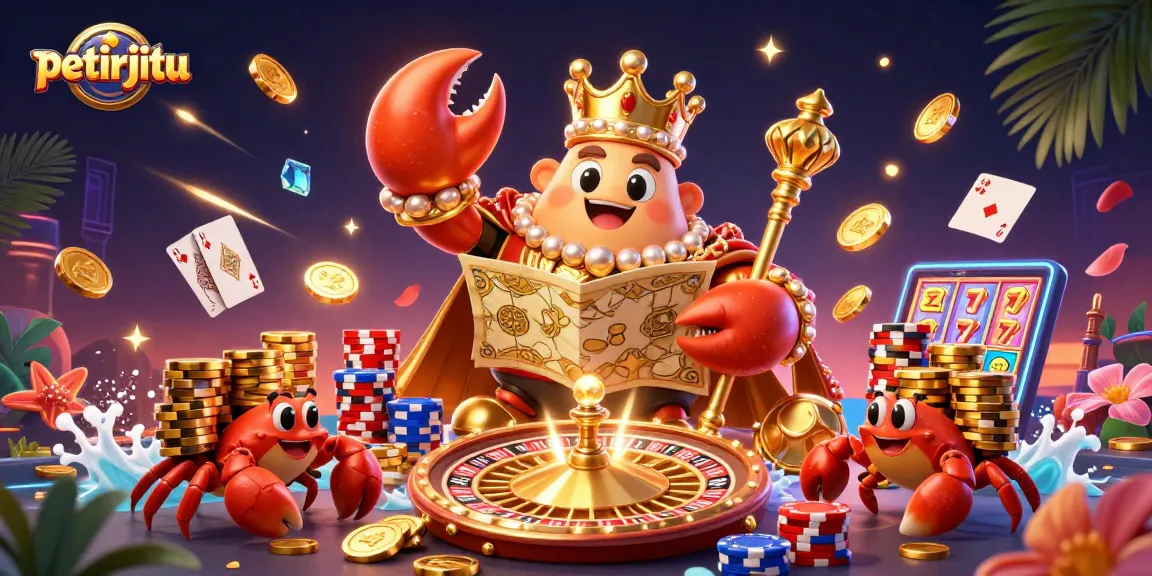 Petirjitu menghadirkan ilustrasi kasino 3D dengan kepiting emas besar dan harta karun menunggu untuk dimenangkan.