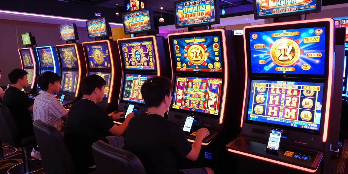 Mpo Cash online casino gaming scene with excited players enjoying digital slot machines and vibrant graphics.