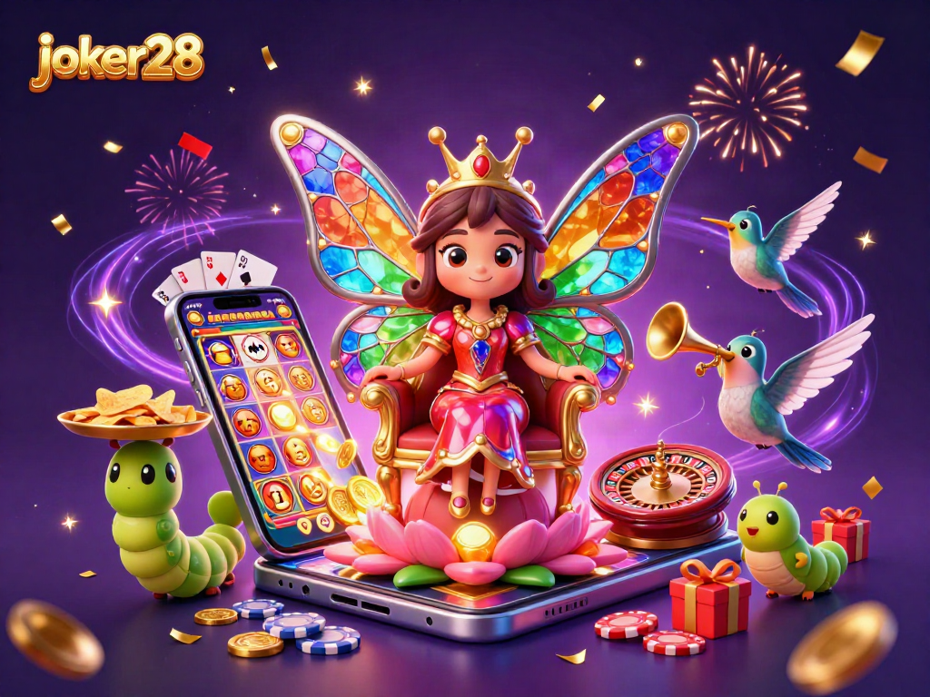 Win big with joker28 in this 3D casino-themed artwork filled with vibrant games and magic.