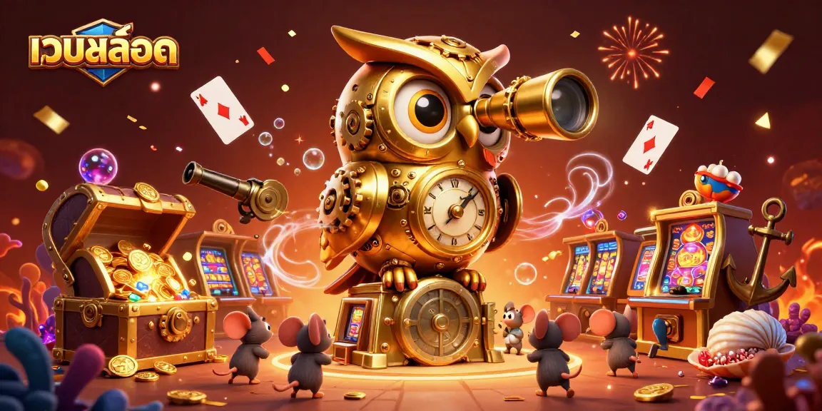 Spin the reels with เว็บสล็อต in an exciting 3D casino scene featuring an animated owl and treasure!