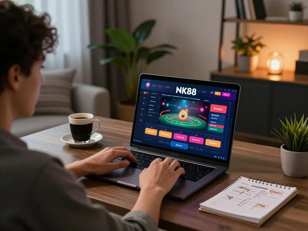 Engaging gameplay on NK88 displayed on laptop in a stylish home office for responsible gaming