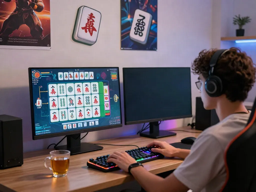 Pengguna sedang bermain mahjong slot dengan suasana gaming yang nyaman dan penuh warna.