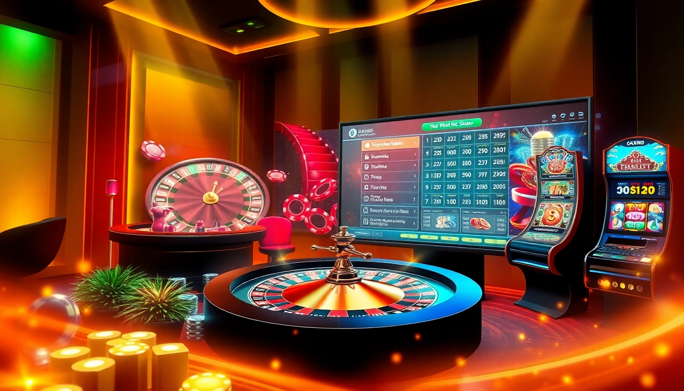 Players enjoy dynamic online casino games at XX88, featuring vibrant roulette wheels and slot machines.