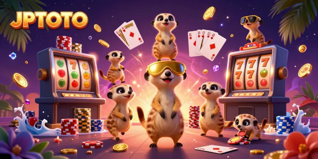 Memperlihatkan JPTOTO dengan koloni meerkat beroperasi di kasino, berkeliling harta keberuntungan.