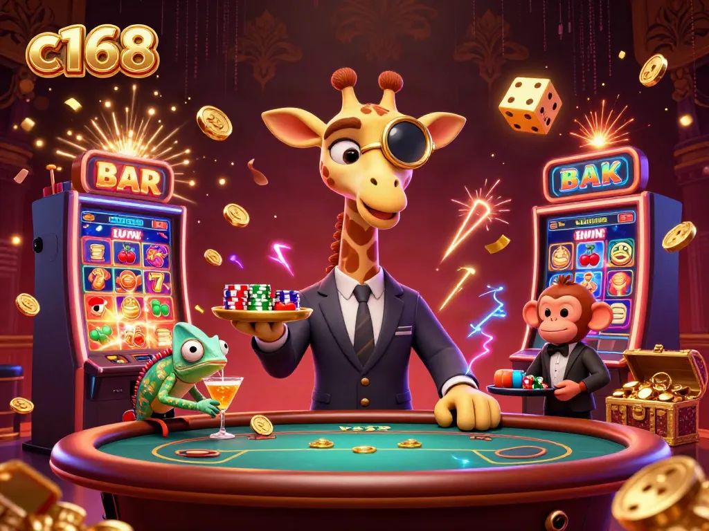 Experience c168 excitement with lively characters and casino elements in a vibrant 3D illustration.