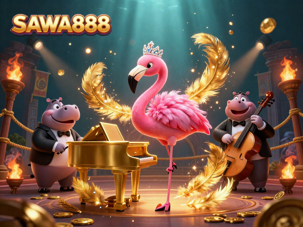 Experience the vibrant excitement of SAWA888 with captivating casino characters and golden gaming elements.