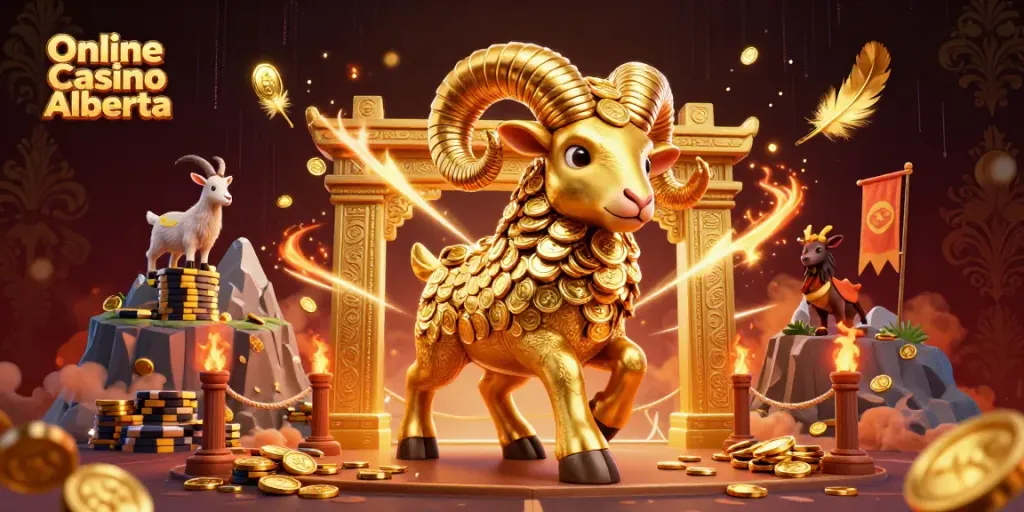 Engage with thrilling experiences at Online Casino Alberta featuring a massive golden ram and casino elements.