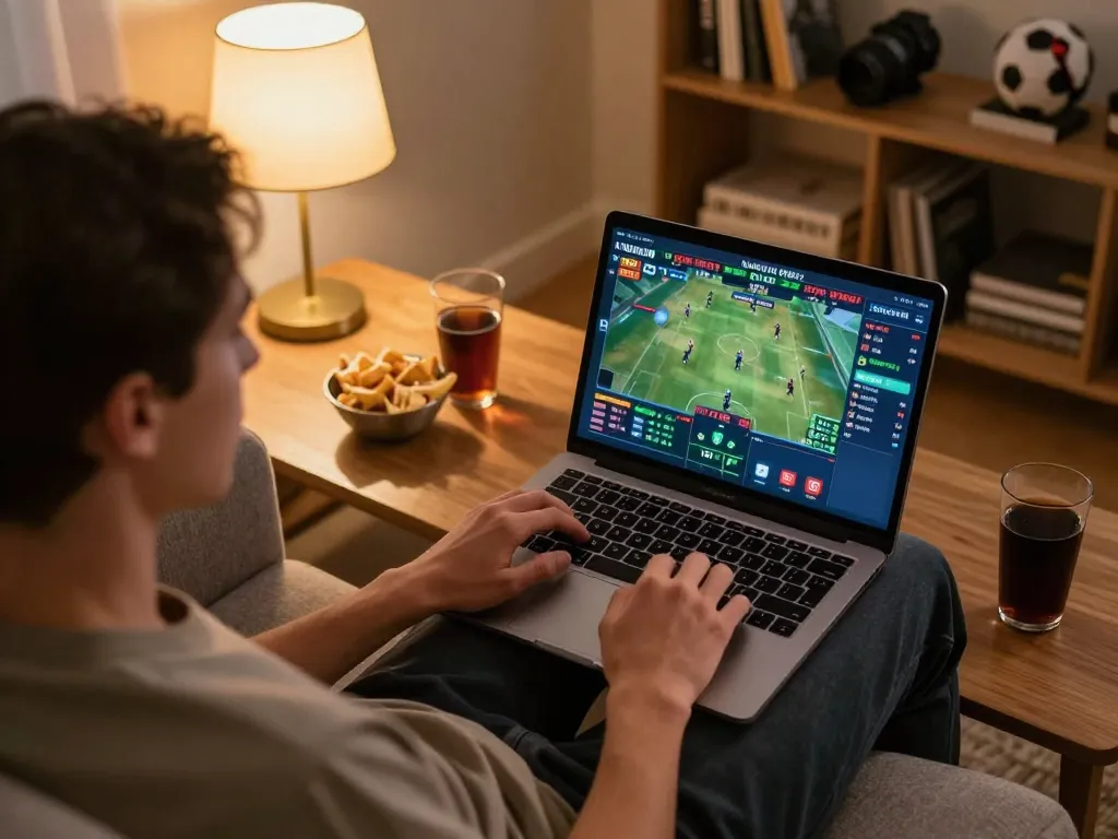 Engaging in sports betting on 789bet from a cozy living room setup, showcasing excitement and responsible gaming.