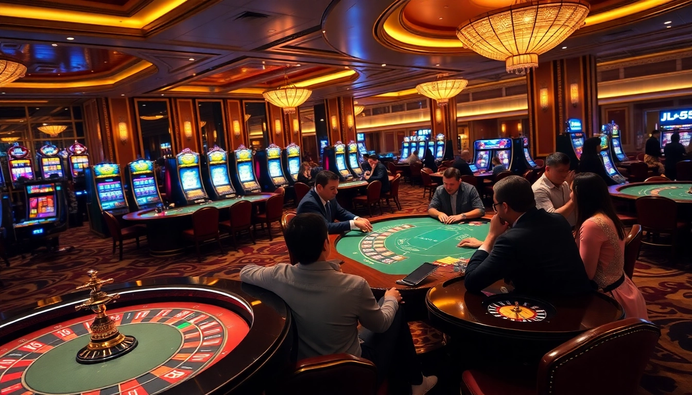 Experience the excitement of JL55 in a luxurious casino setting with vibrant gaming tables and slot machines.