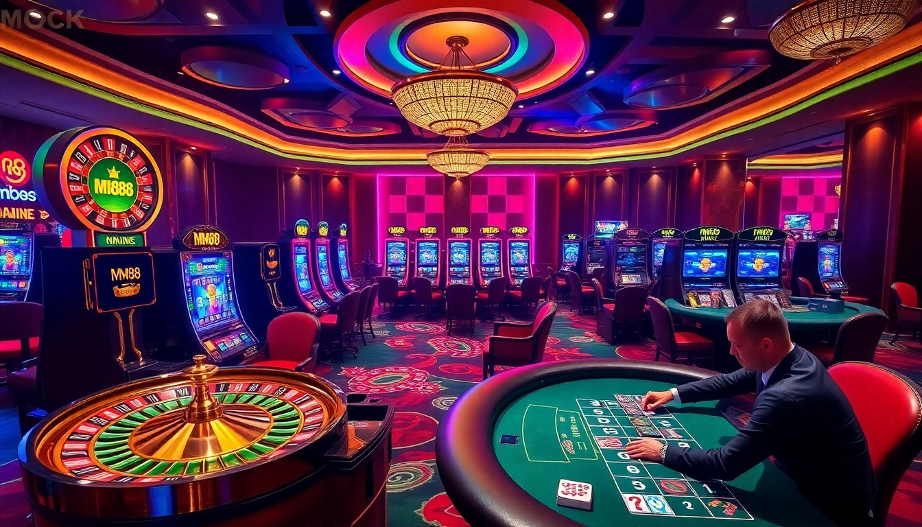 Players enjoying a vibrant MM88 online casino experience at roulette and slot machines.