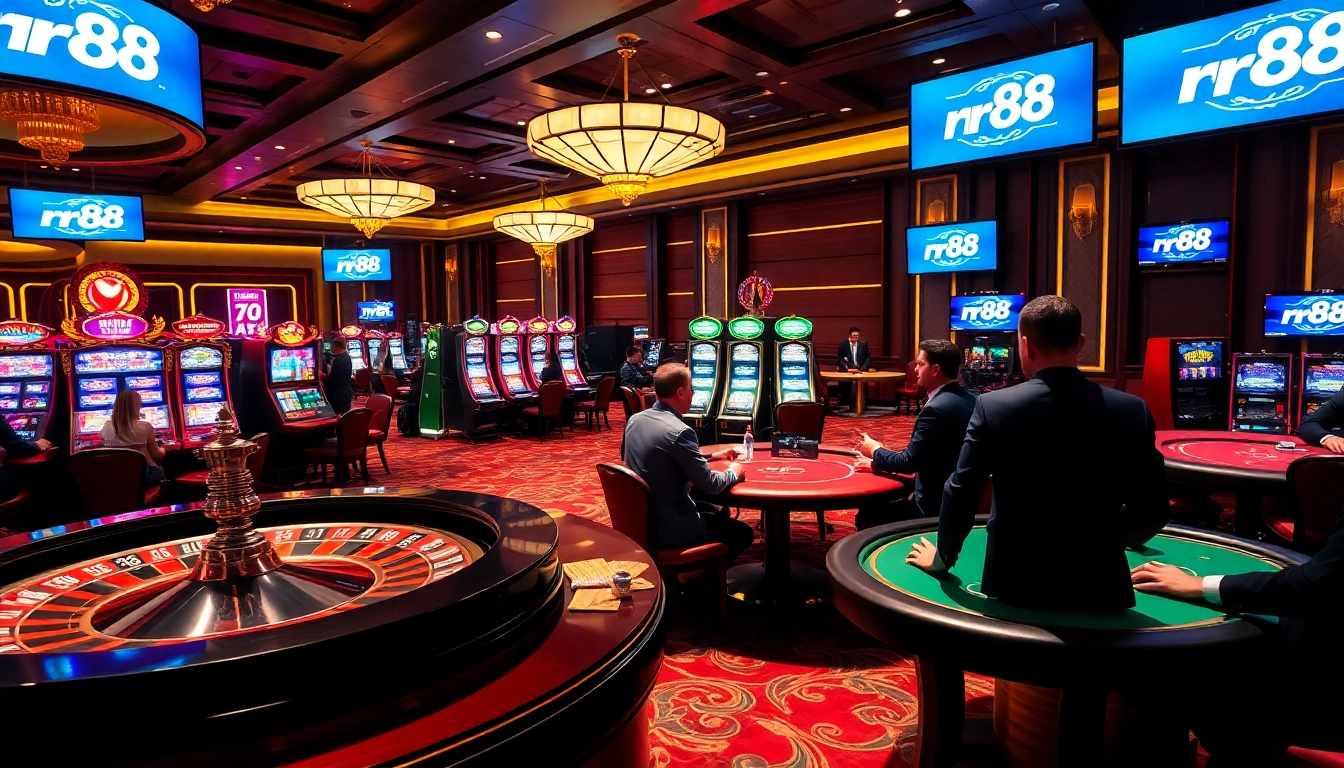 Scene showcasing exciting gambling action at trang chủ rr88 casino, featuring poker tables and slot machines.