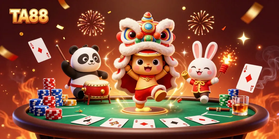 Experience the thrill of TA88 with a vibrant lion dance surrounded by poker elements.