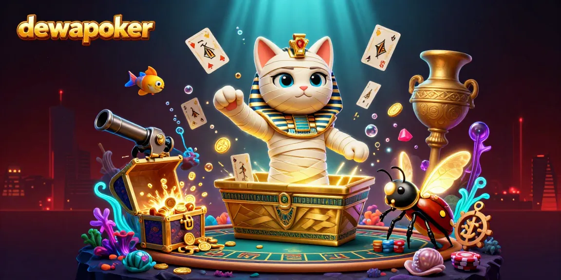 DewaPoker presents a vibrant online gambling scene with an Egyptian mummy cat and treasures, showcasing casino excitement.