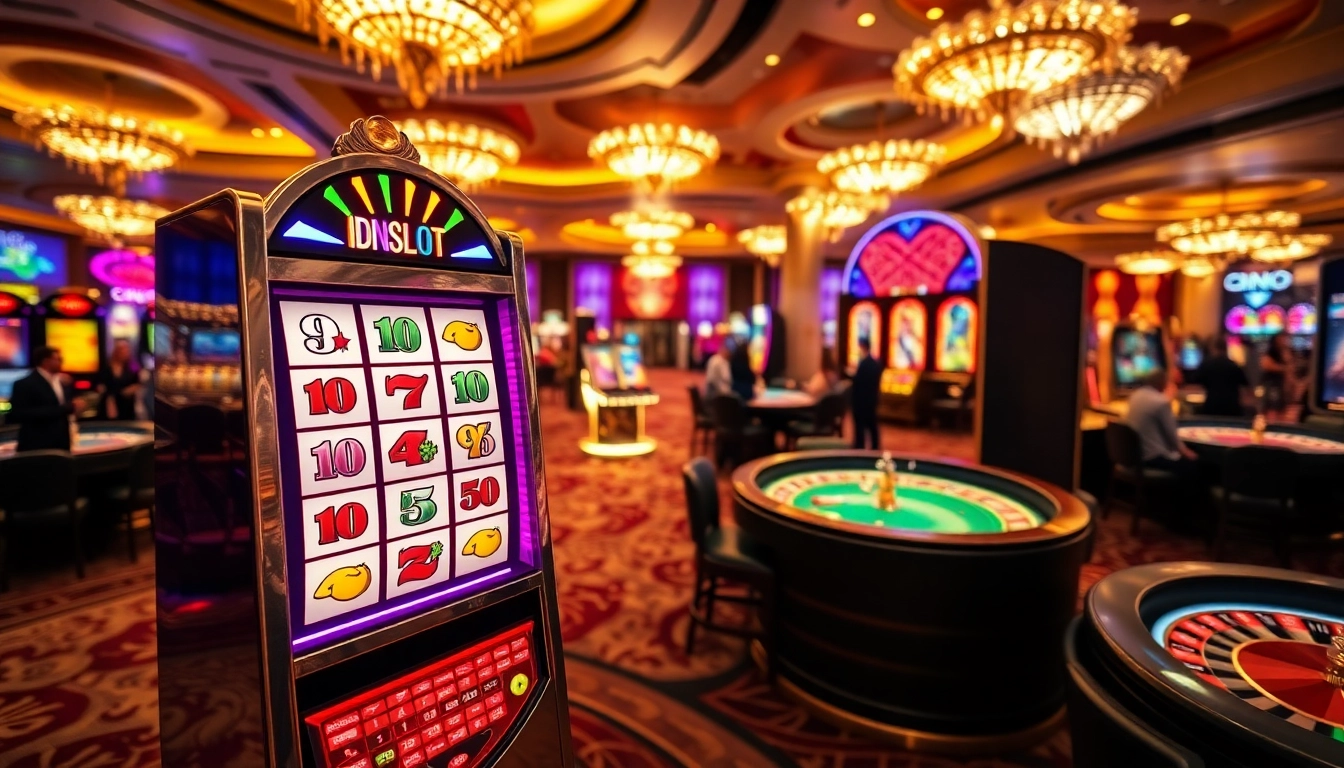 Experience the thrill of IDNSLOT with an exciting casino scene featuring vibrant slot machines.