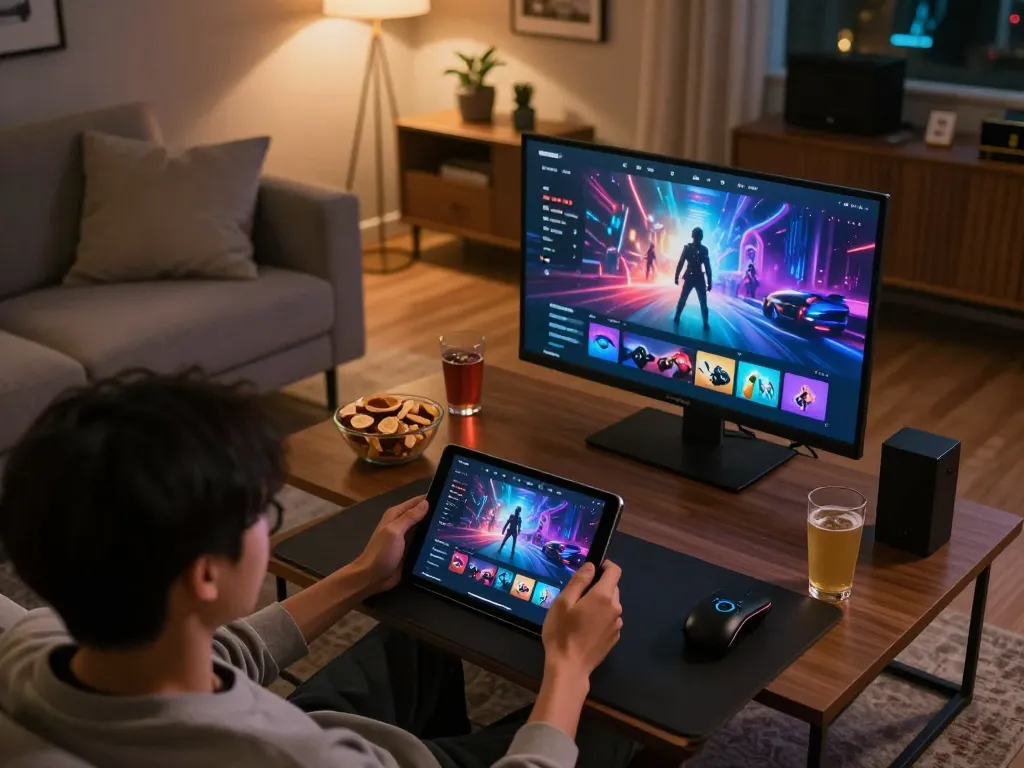 Engage with ดูหนังใหม่ as a player enjoys online gaming on a tablet in a cozy living room.