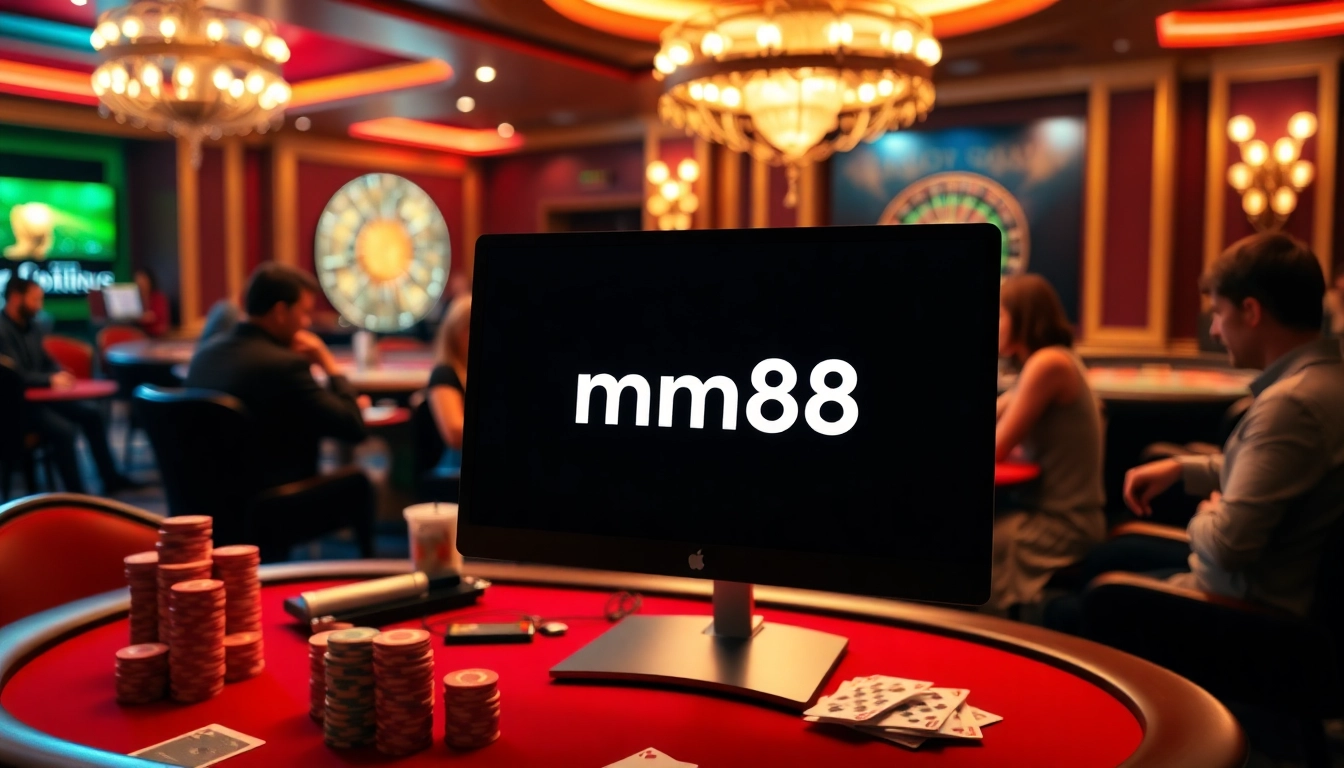 Players enjoying a poker game with mm88 link displayed on a screen, showcasing excitement and luxury.
