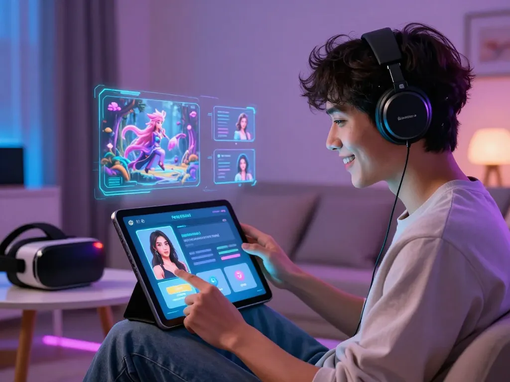A user enjoying a free AI sex chat experience on a tablet, customizing their AI companion amid vibrant LED ambiance, showcasing playful technology.