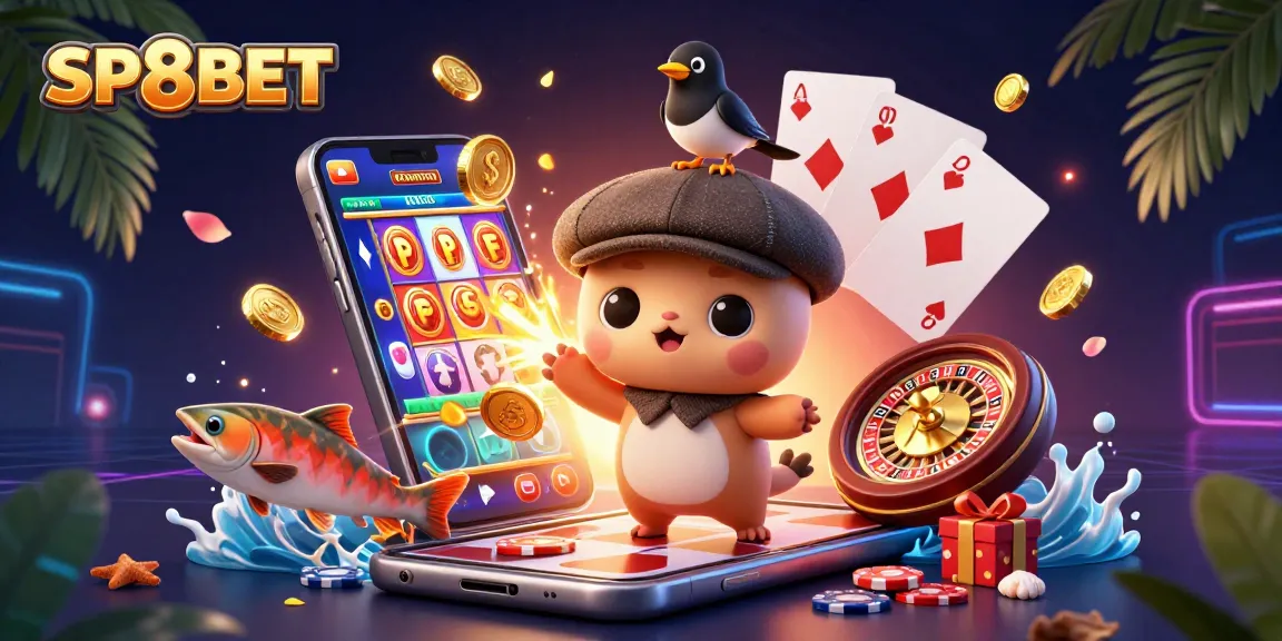 SP8BET enhances gaming adventures with colorful slots and dynamic characters in this vibrant 3D scene.