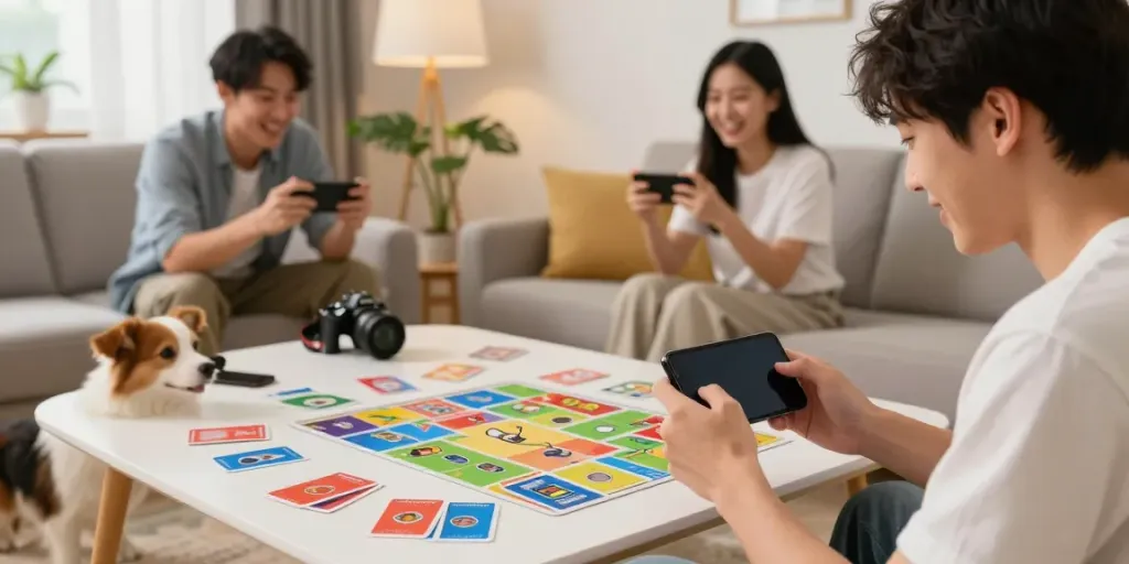 Player enjoying Rumble Rummy on smartphone in a cozy living room.