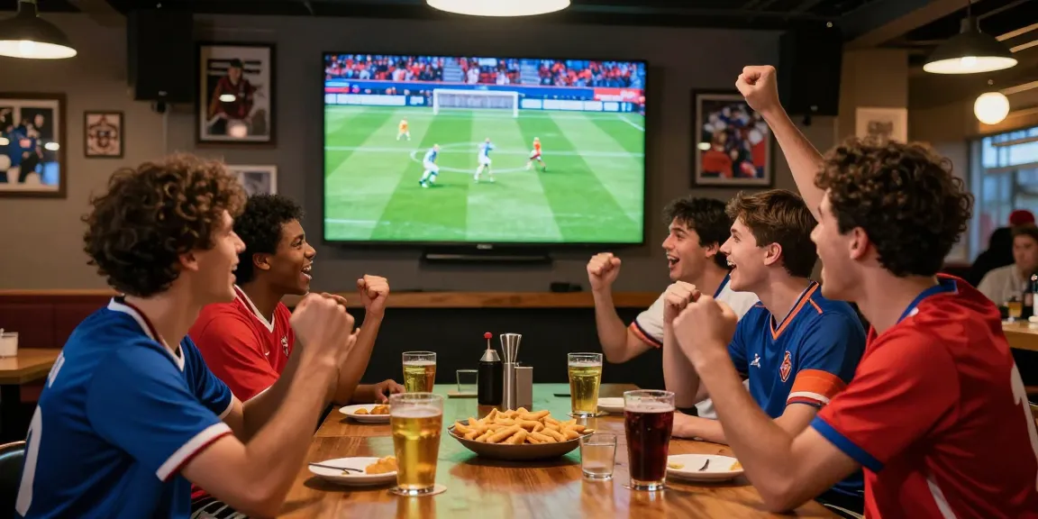 Live sports viewing atmosphere with friends celebrating بث مباشر football match excitement in a sports bar.