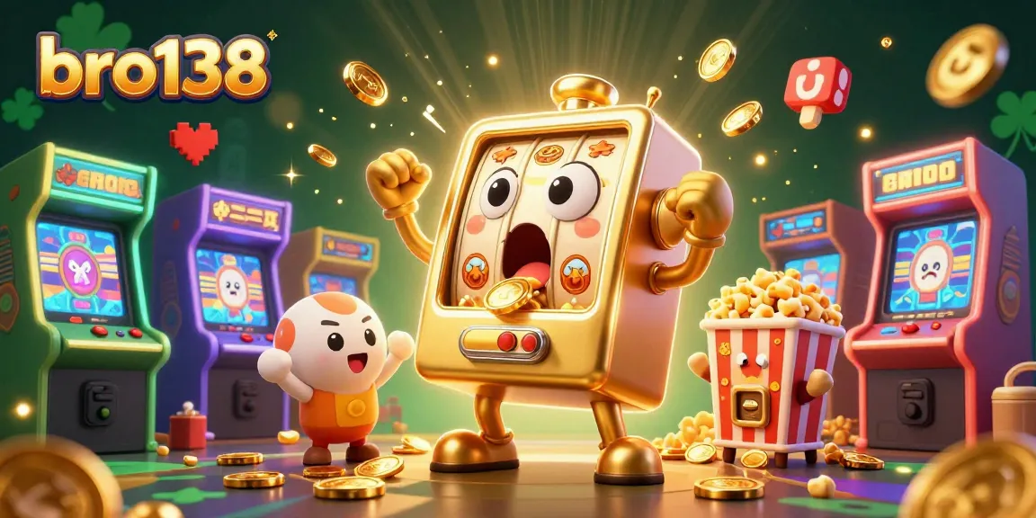 Permainan menarik di bro138 dengan mesin slot emas ceria yang menghasilkan koin, dikelilingi mesin slot mini dan mesin popcorn.