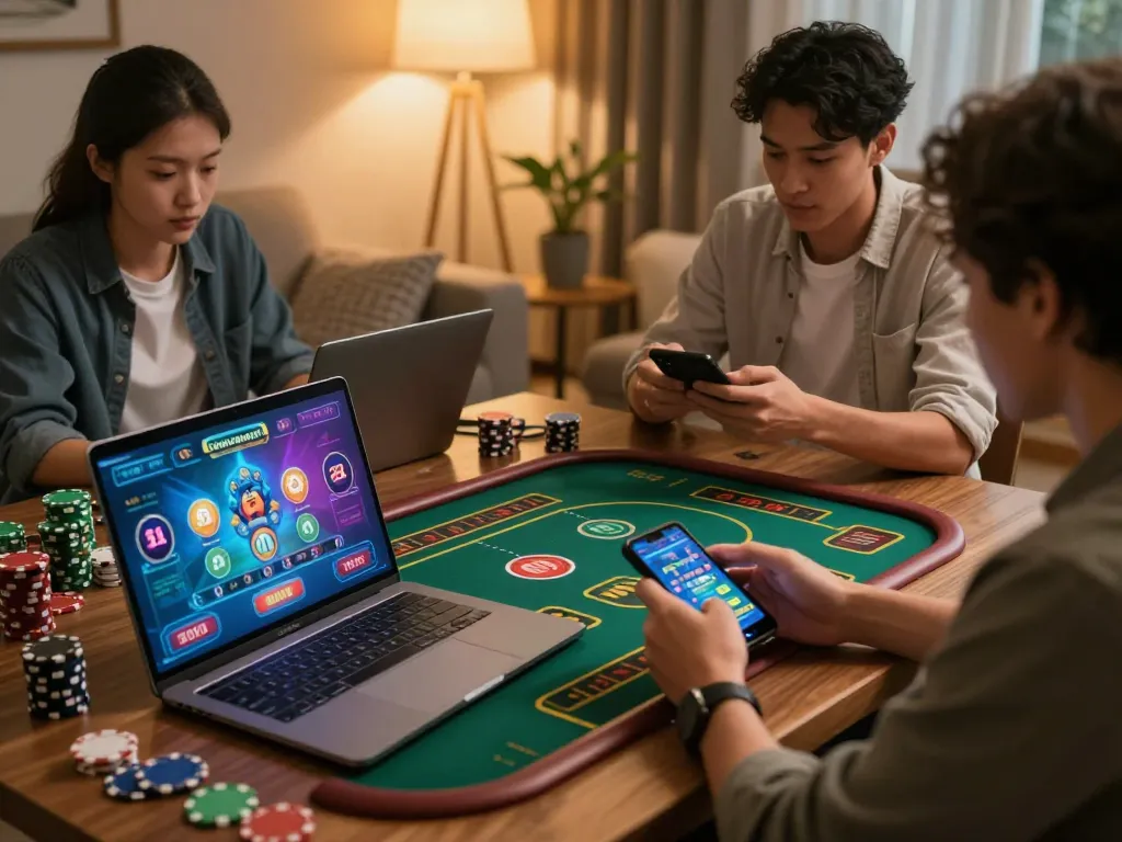 Players engage in dynamic online gambling on kuwin, using laptops and smartphones in a cozy home setting.