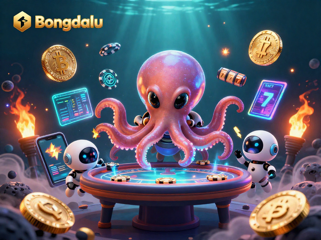 Bongdalu showcases a vibrant gaming scene with an octopus dealer and crypto elements.
