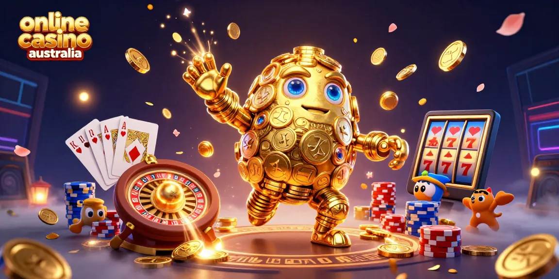 Experience exciting games at an online casino Australia, featuring a vibrant golden golem surrounded by dynamic casino elements.