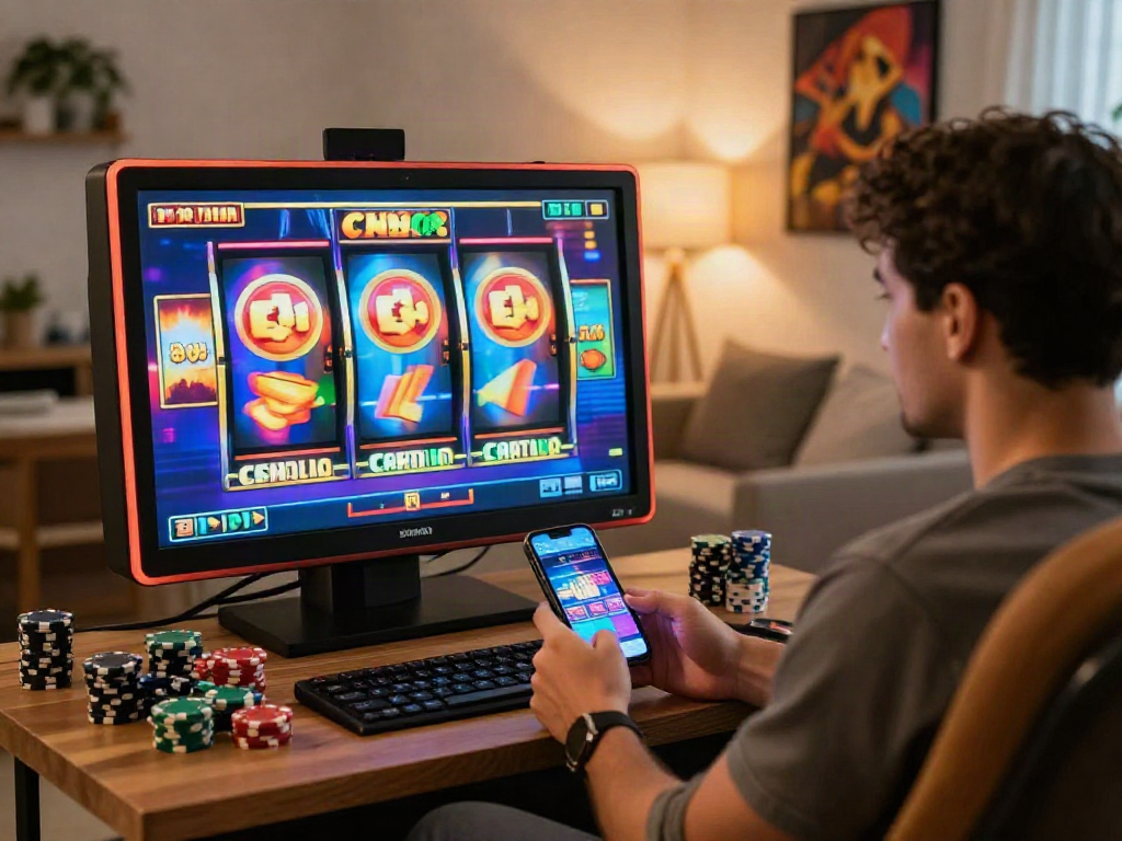 Engaging scene of a player enjoying slot online on a mobile device, vibrant colors enhancing the gaming experience.