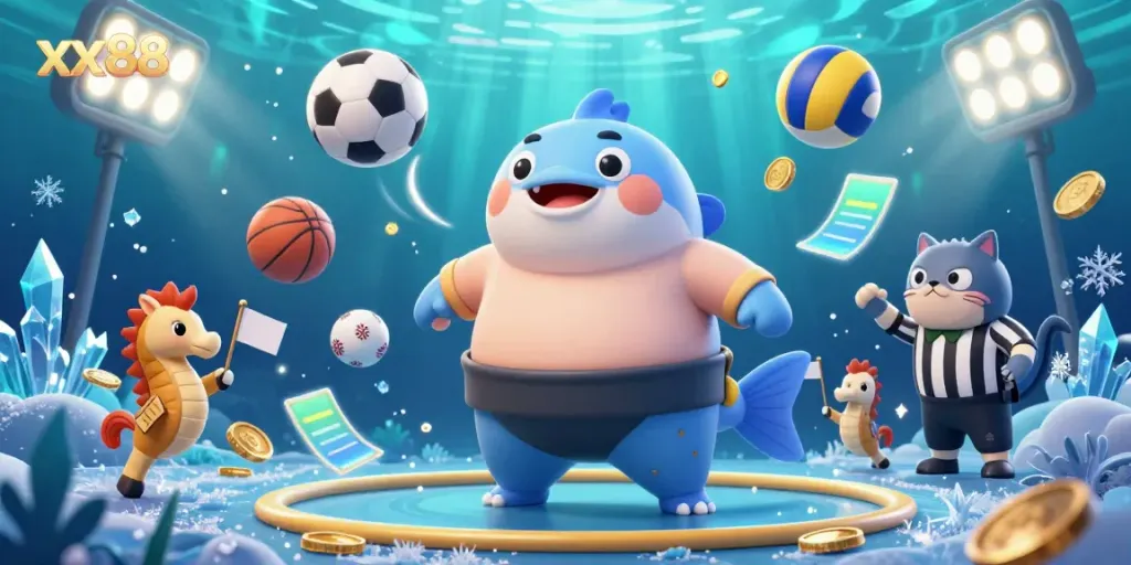 Experience the excitement of xx88 with colorful underwater casino elements in a lively scene.